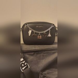 Karl Lagerfeld Lourdes Black Crossbody Bag with Silver Paris Charms